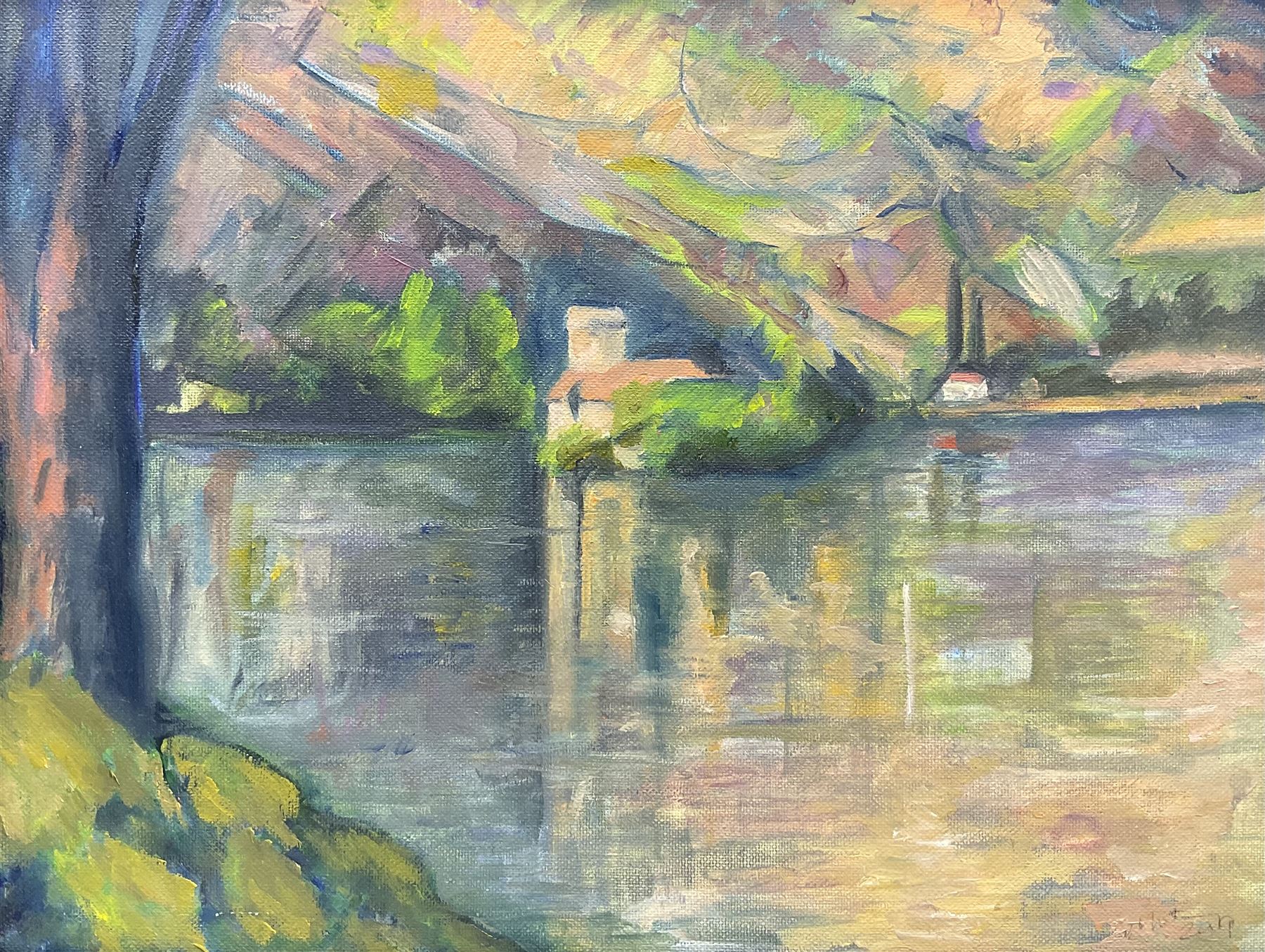 After Paul Cézanne (French 1839-1906): 'The Lac d'Annecy', 20th century oil on canvas indistinctly signed and dated 2019, 29cm x 39cm 