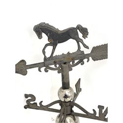 Late 20th century weather vane, horse pediment and two polished metal spheres to column, H77cm