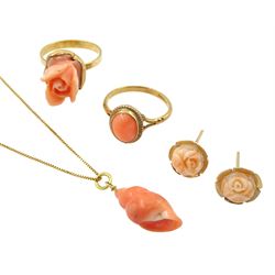9ct gold single stone coral ring and pair of earrings, 18ct gold coral pendant, on 14ct gold necklace and an 18ct gold coral flower ring