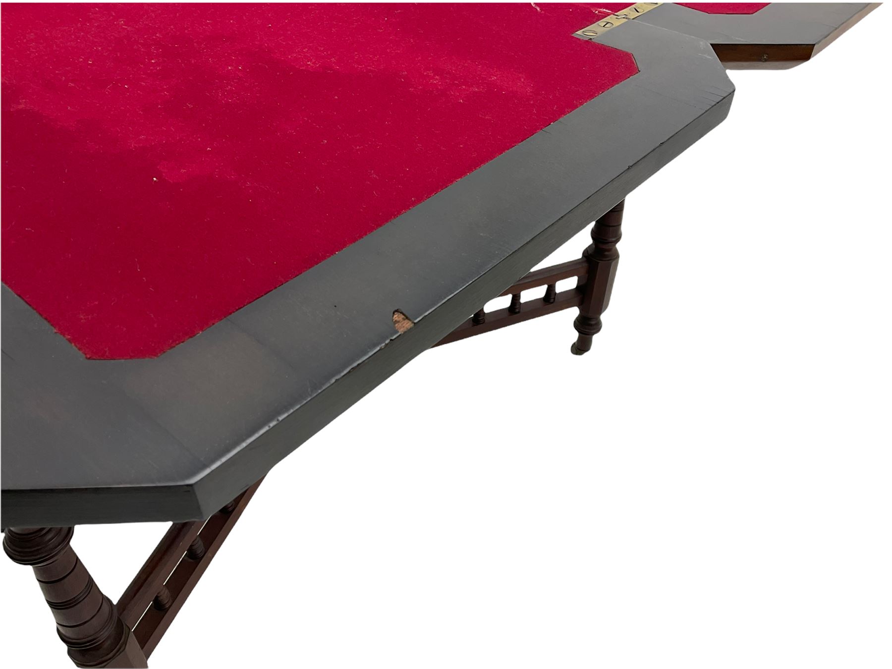 Late Victorian figured walnut and amboyna card-table, rectangular fold over top with baize lining, on turned supports joined by x framed balustrade stretchers