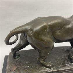 After Charles Valton, bronze, modelled as a lion, upon bronze plinth signed C H Valton, with foundry seal for J B Deposee, and black marble plinth base, overall H20cm L26cm