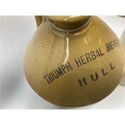 Four Hull stoneware flagons - Moors & Robsons Breweries Ltd H25cm, Hawkshaw Ltd Spencer Street Hull 1923, Triumph Herbal Brewery with brass dispensing tap and Texol Hull with screw stopper (4)  