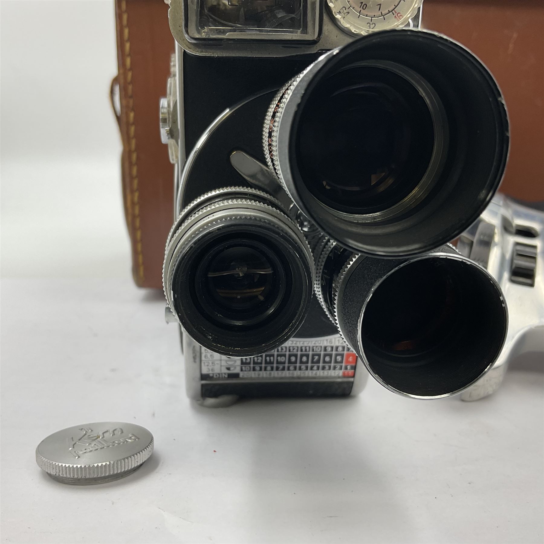 Paillard Bolex D8L STD 8mm cine camera body, serial no. 831223, with 'Paillard Switar 1:1.8 f=36mm AR' lens, serial no. 769123, Paillard Yvar 1:1.8 f=13mm AR' lens, serial no. 782154 and Paillard Pizard 1:1.9 f=5.5mm AR' lens, serial no. 717045, in leather carry case