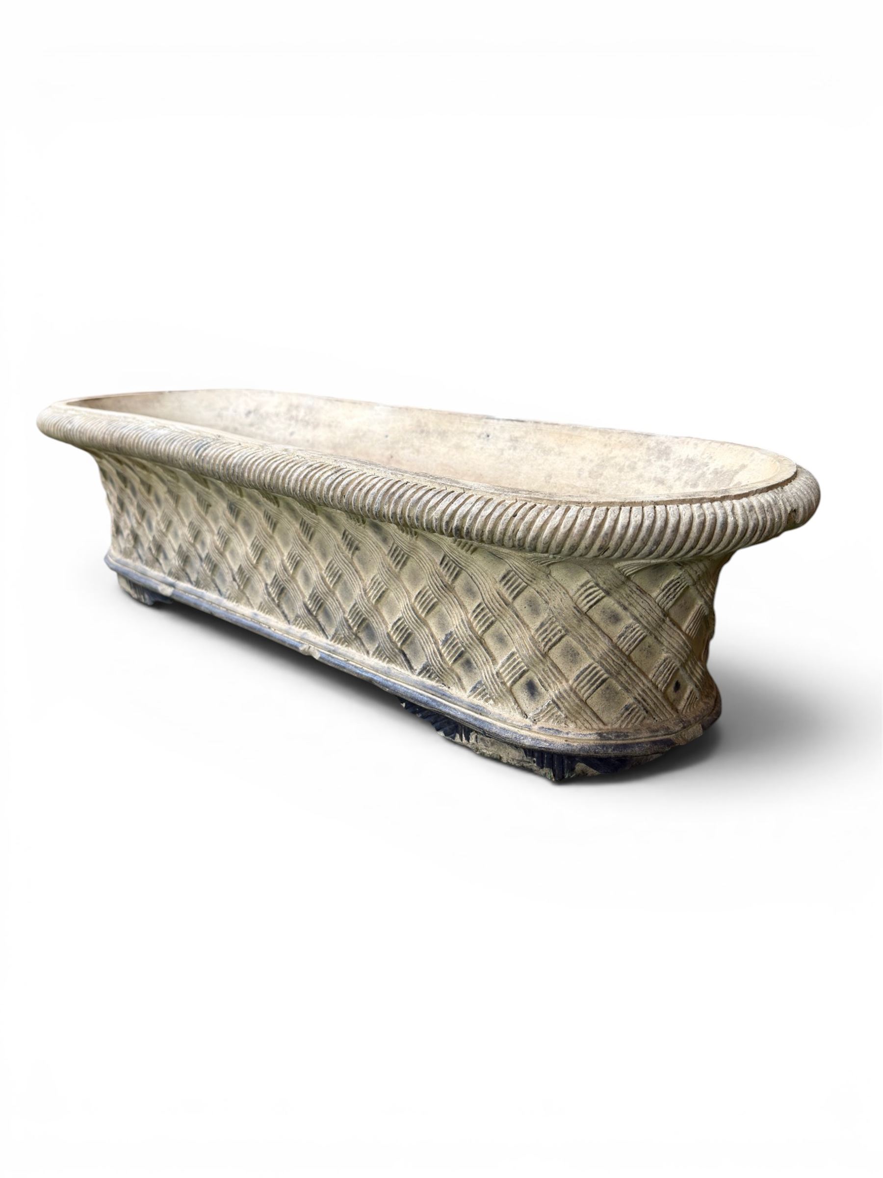 Mid-20th century terracotta oval lattice shallow planter - design after James Pulman & Son