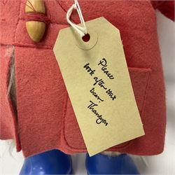 Gabrielle Designs Paddington Bear c.1981 with original labels, felt blue hat and red coat with blue rubber boots marked PB 1980  