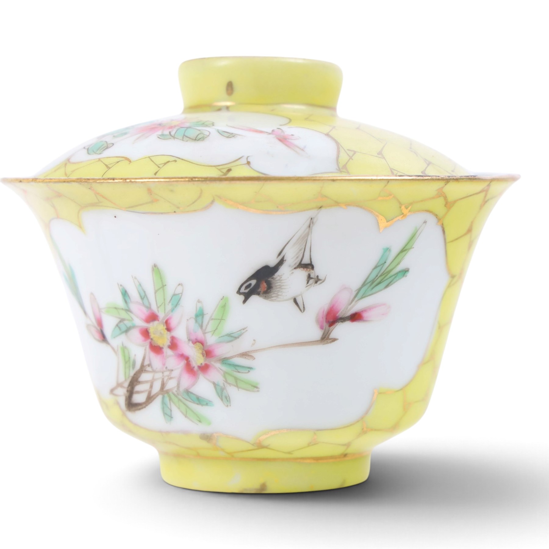 Famille jaune rice bowl, cover, and saucer, decorated with a bird in a blossoming branch, H10cm