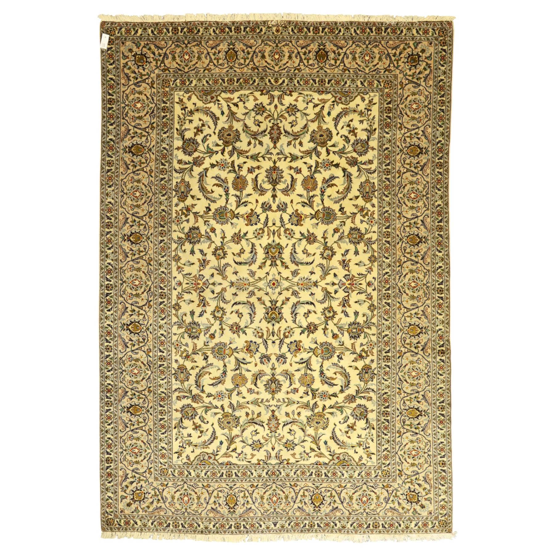 Central Persian Kashan carpet, ivory ground, field with an all-over design of scrolling palmettes and floral sprays in blue and terracotta within a beige ground and pale blue floral border