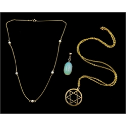  Gold chain necklace set with five pearls stamped 9k, an opal pendant and a star of David pendant necklace  