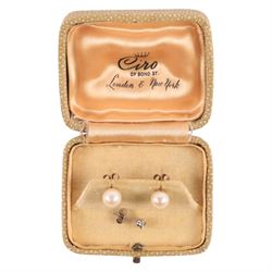 Pair of 9ct gold pearl earrings and a single 9ct white gold old cut diamond stud earring