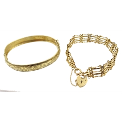  9ct gold hinged bangle, engraved decoration stamped 375 and a gold five bar link bracelet hallmarked 9ct, approx 13.57gm   