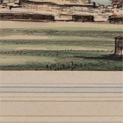 Joseph Ridley Ratcliffe McCulloch RBA (British 1893-1961): Collection of locations across North Yorkshire including 'Scarboro' Castle' and 'Whitby', five mixed media signed dated and titled max 19.5cm x 31.5cm (5) (unframed)