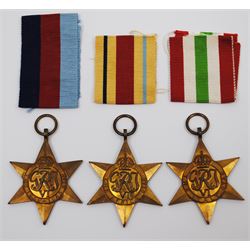 Five WW2 medals comprising 1939-45 Star, Africa Star, Italy Star, Defence Medal and War Medal 1939-45, with addressed box and entitlement slip. 

