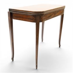 George III mahogany tea-table, the D-shaped rectangular fold-over top with satinwood stringing, raised on elegant square tapering and splayed supports with spade feet and gate-leg action