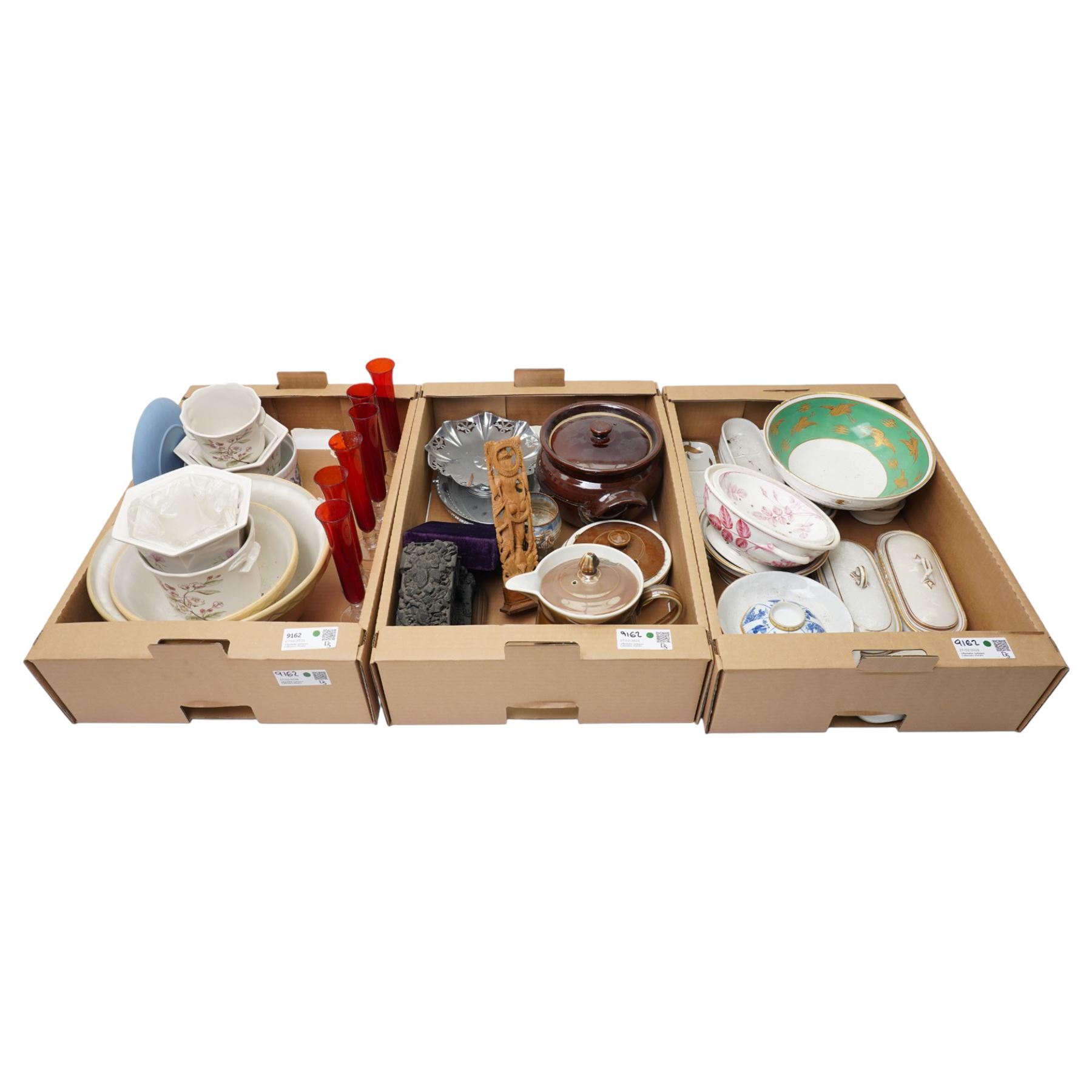 Collection of Victorian razor boxes and soap bowls, British Coal model, Jerry Harper 'Heavens Above' studio pottery cup, planters etc, in three boxes