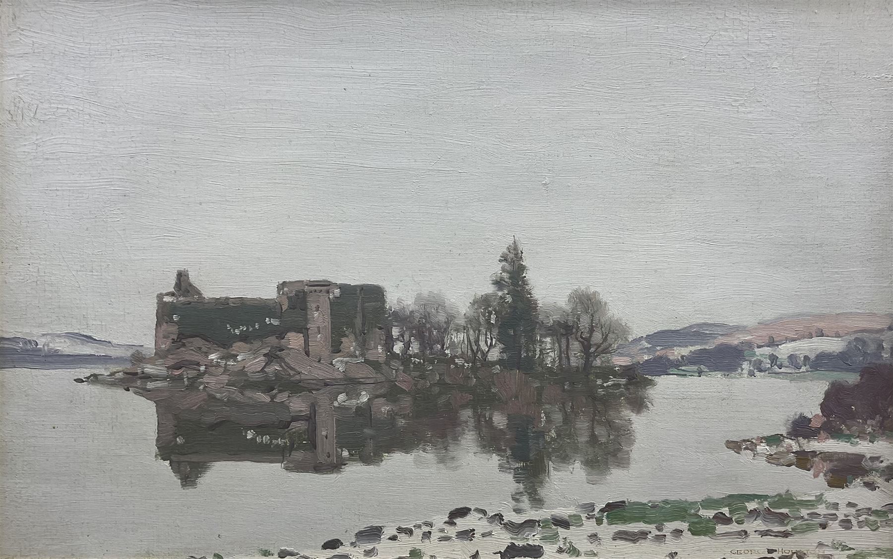 George Houston RSA RI RSW (Scottish 1869-1947): 'Ardchonnel Castle (Innis Chonnel) Loch Awe', oil on board signed, inscribed verso 29cm x 44cm
