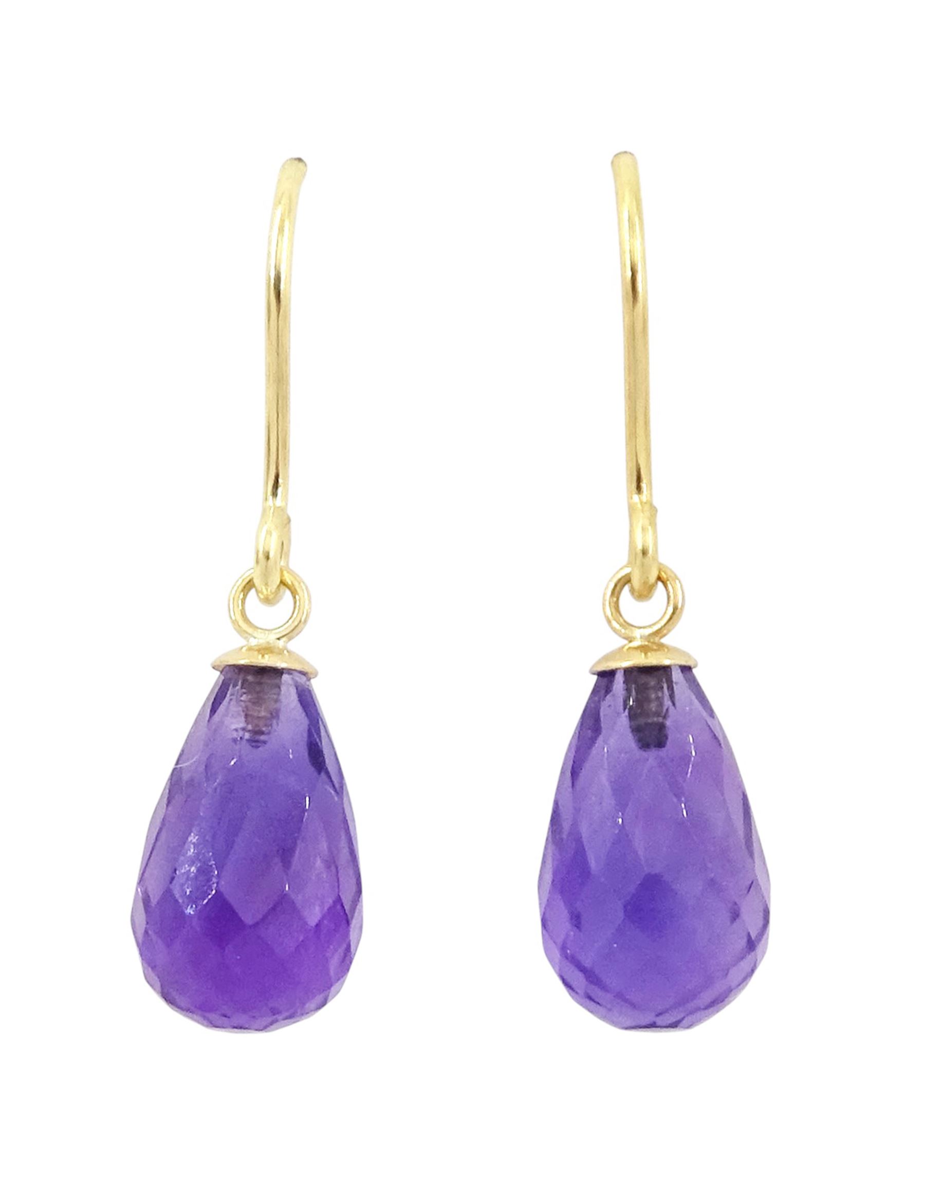 Pair of 9ct gold briolette cut amethyst pendant earrings, stamped 375