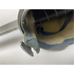 Reproduction Scottish basket hilted broadsword with 85cm double edged steel blade and red lined basket hilt with wire bound grip, in white metal mounted leather scabbard 107cm overall