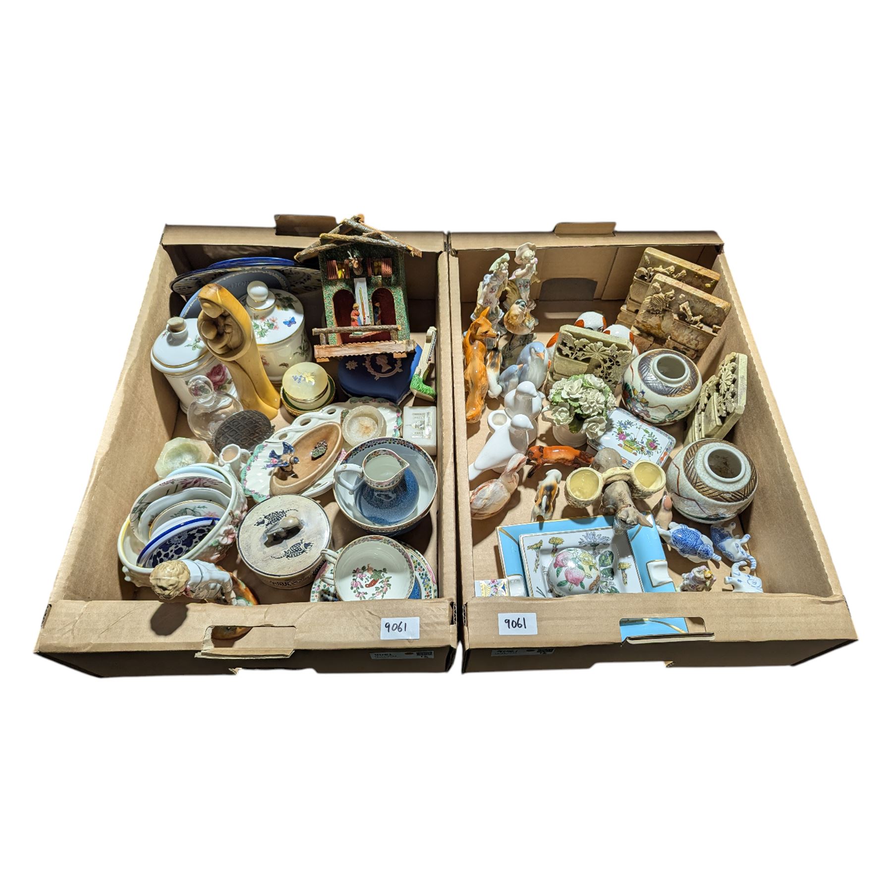 Wedgwood jasperware, Chinese carved soap stone bookends, two Chinese ginger jars, Beswick etc in two boxes
Provenance: from the Kirkham Hall estate 