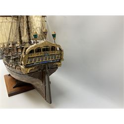 Wooden model of the three mast sailing ship with full rigging, on a wooden display base, H95cm, L110cm