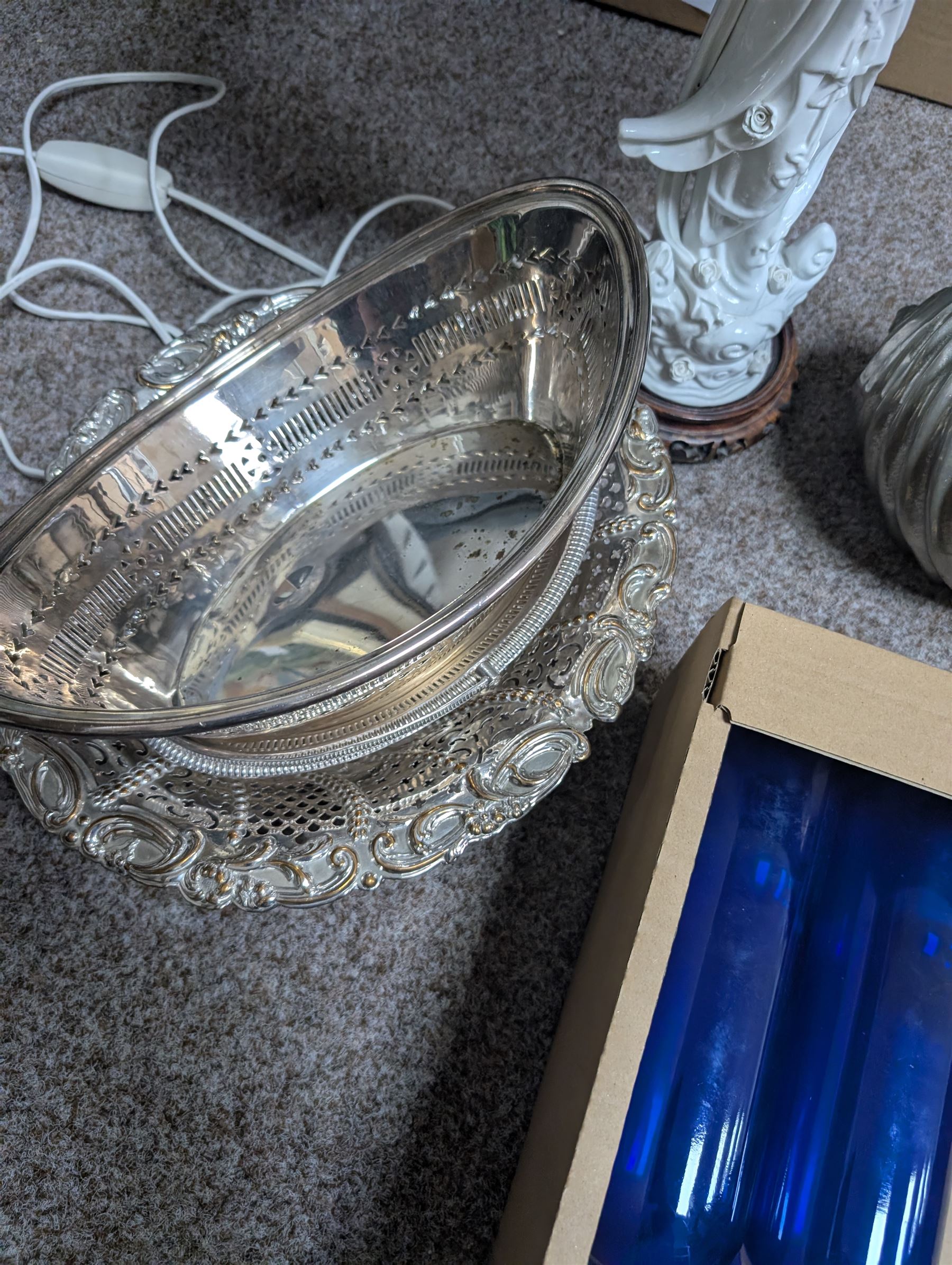 Bristol blue jug, silver and Sheffield plate, Blanc-de-Chine table lamp and a cast shell bowl, etc 
