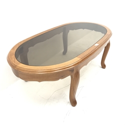 Chinese rosewood coffee table with inset glass top, cabriole legs, W123cm, H41cm, D62cm