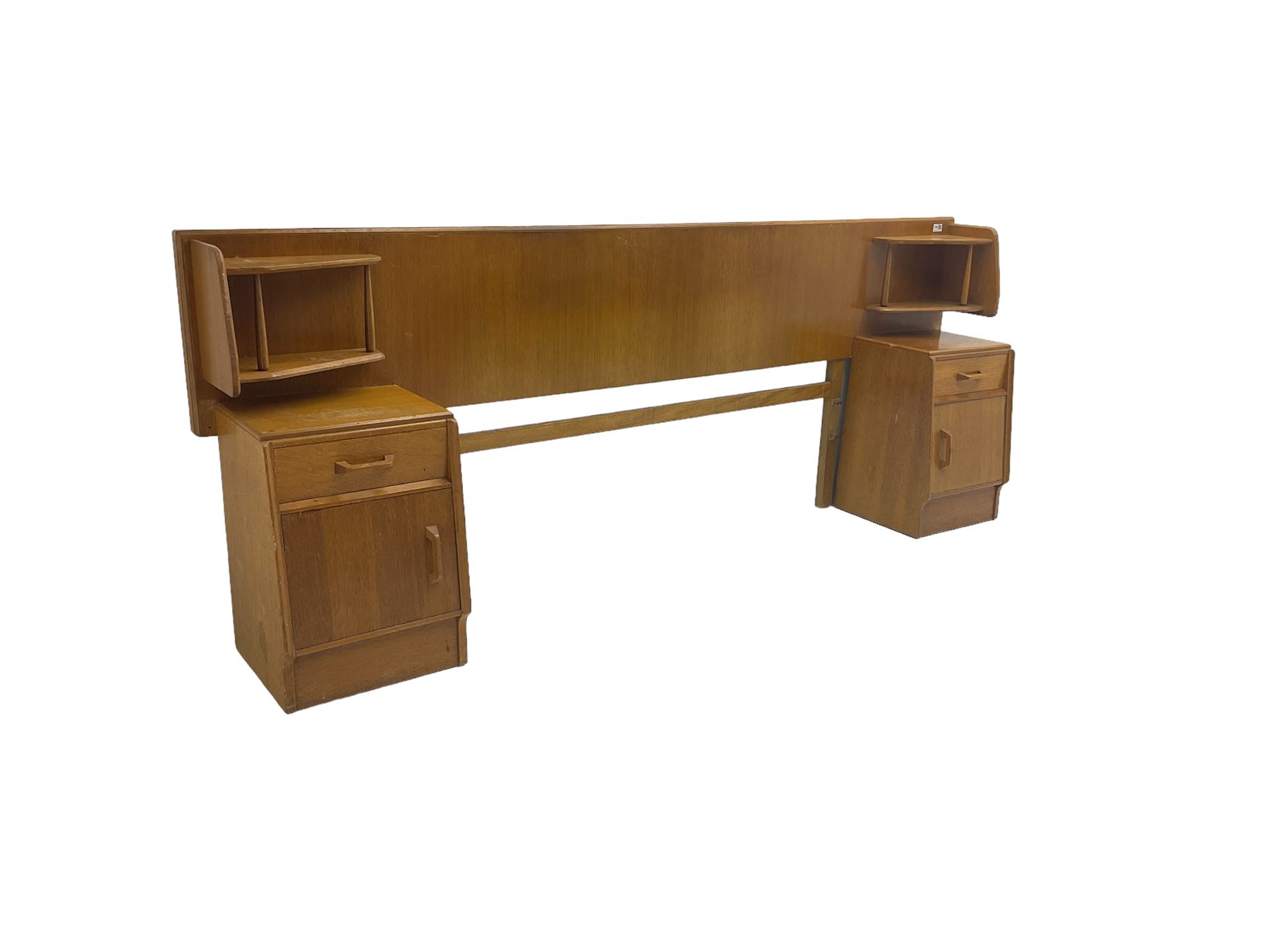 G-Plan - 'Brandon' oak headboard with open shelves to each side (W222cm H86cm), with two matching bedside cupboards, fitted with single drawer over cupboard (W37cm H53cm)