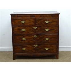  George III mahogany chest, cross banded top with Tunbridge ware inlaid frieze, two long and three short drawers with brass plate oriental style handles,tapering bracket supports, W110cm, H108cm, D51cm  