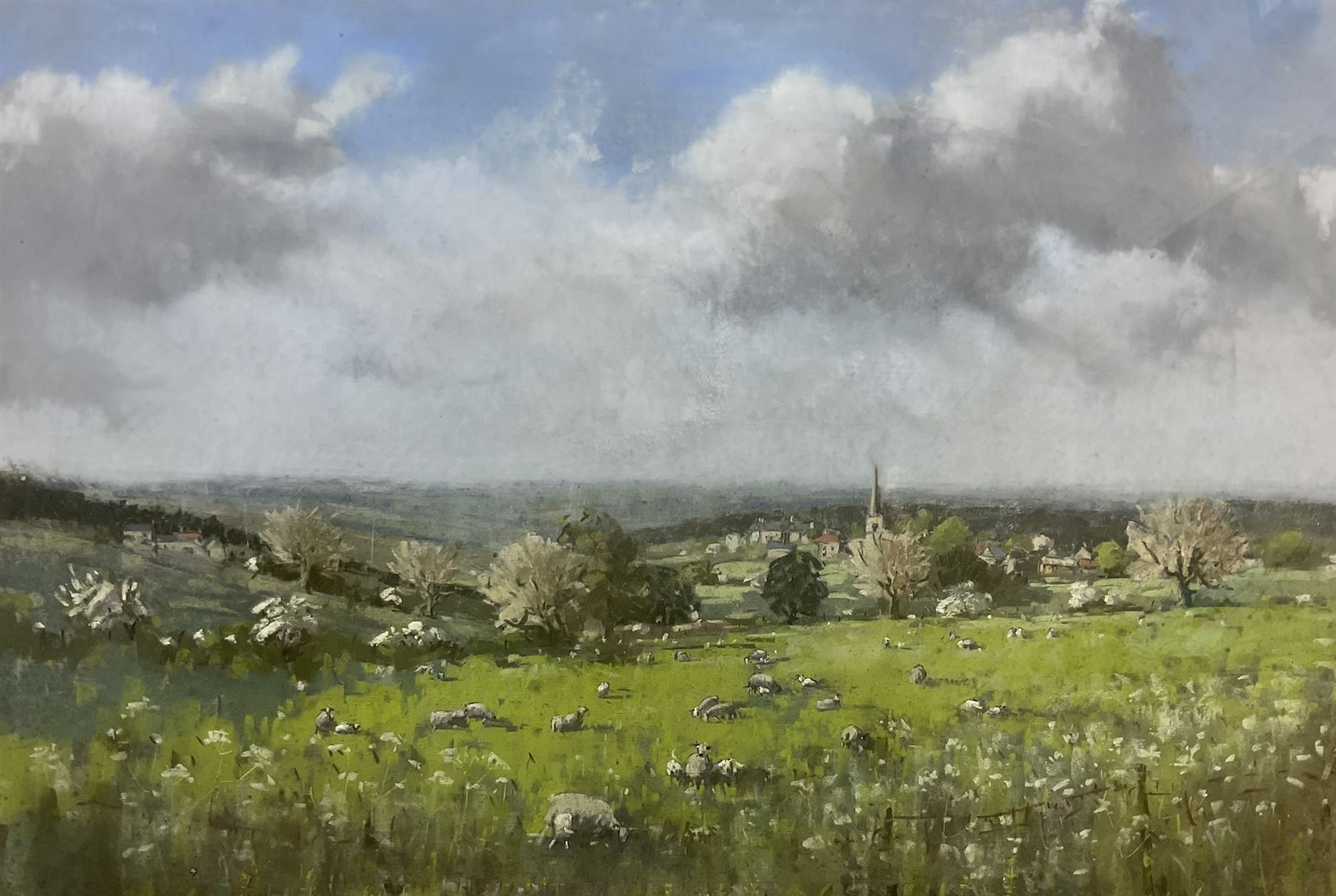 Angus Rands (British 1922-1985): Sheep Grazing in Pastoral Landscape, pastel unsigned 41cm x 60cm
Provenance: private collection purchased from T B & R Jordan, Stockton on Tees
