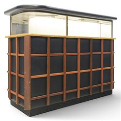 Barget of London - Mid 20th century L-shaped teak and black vinyl cocktail bar, shaped top...