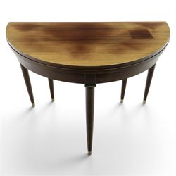 Regency design mahogany demi-lune console dining table, fold-over top extending to circular table, raised on round tapering legs