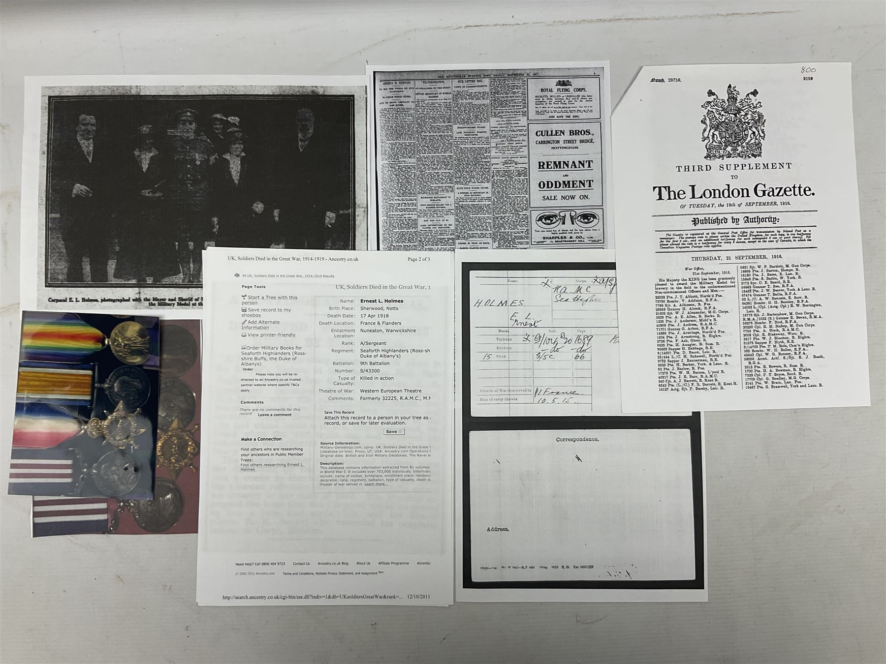 WW1 Military Medal KIA group of four comprising MM, British War Medal, 1914-15 Star and Victory Medal awarded to 32225 Pte. (later A.Sjt.) E.L. Holmes R.A.M.C., the MM inscribed 28F/A R.A.M.C.; all with ribbons; together with photocopied research material including newspaper article with presentation photograph, CWGC certificate,  London Gazette entry etc
