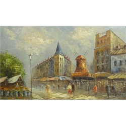 V Bergen (Continental Contemporary): Street Scene with Windmill, oil on board signed 43cm x 73cm