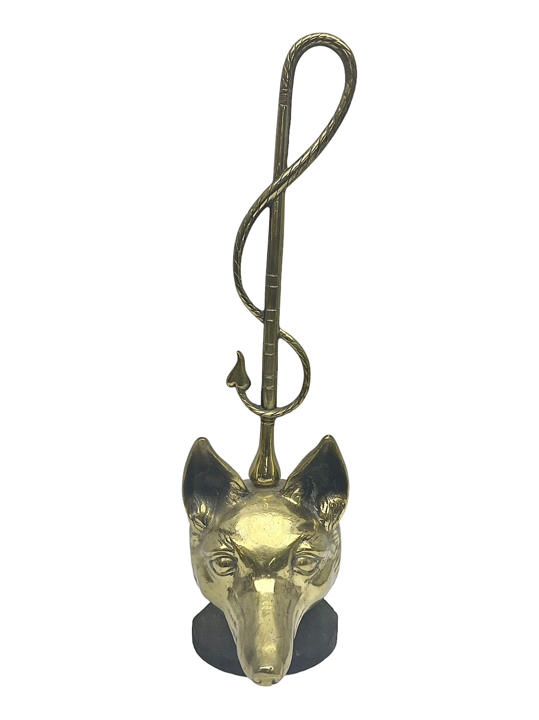 Brass fox mask and hunting whip door stop, H46cm