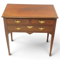 19th century mahogany lowboy, rectangular top with moulded edge over three cockbeaded drawers with brass handle plates, on square tapering supports