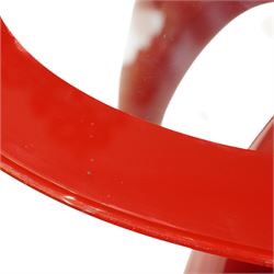 Italian post-modern design coffee table, oval glazed top with red banding over a shaped base of female form