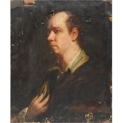 Circle of Sir Joshua Reynolds (British 1723-1792): 'Portrait of Oliver Goldsmith', late 18th to early 19th century oil on canvas inscribed 'Reynolds - Portrait of Oliver Goldsmith' on label verso 60cm x 50cm (unframed)