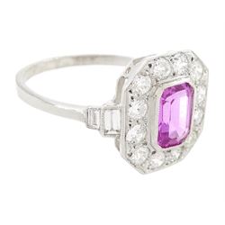 Platinum pink sapphire and diamond milgrain set cluster ring, single octagonal cut sapphire of approx 0.95 carat, surrounded by twelve old cut diamonds, with baguette cut diamond shoulders, stamped Plat, total diamond weight approx 0.70 carat