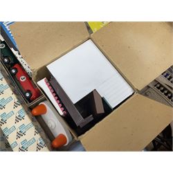 Tri-ang Scalextric - seven cars including pair of Jaguar D Types, pair of Austin Minis, Porsche and BRM racing cars etc; six various controllers and power unit, fencing, banking and bridge pillars, boxed kiosk, quantity of track and paperwork