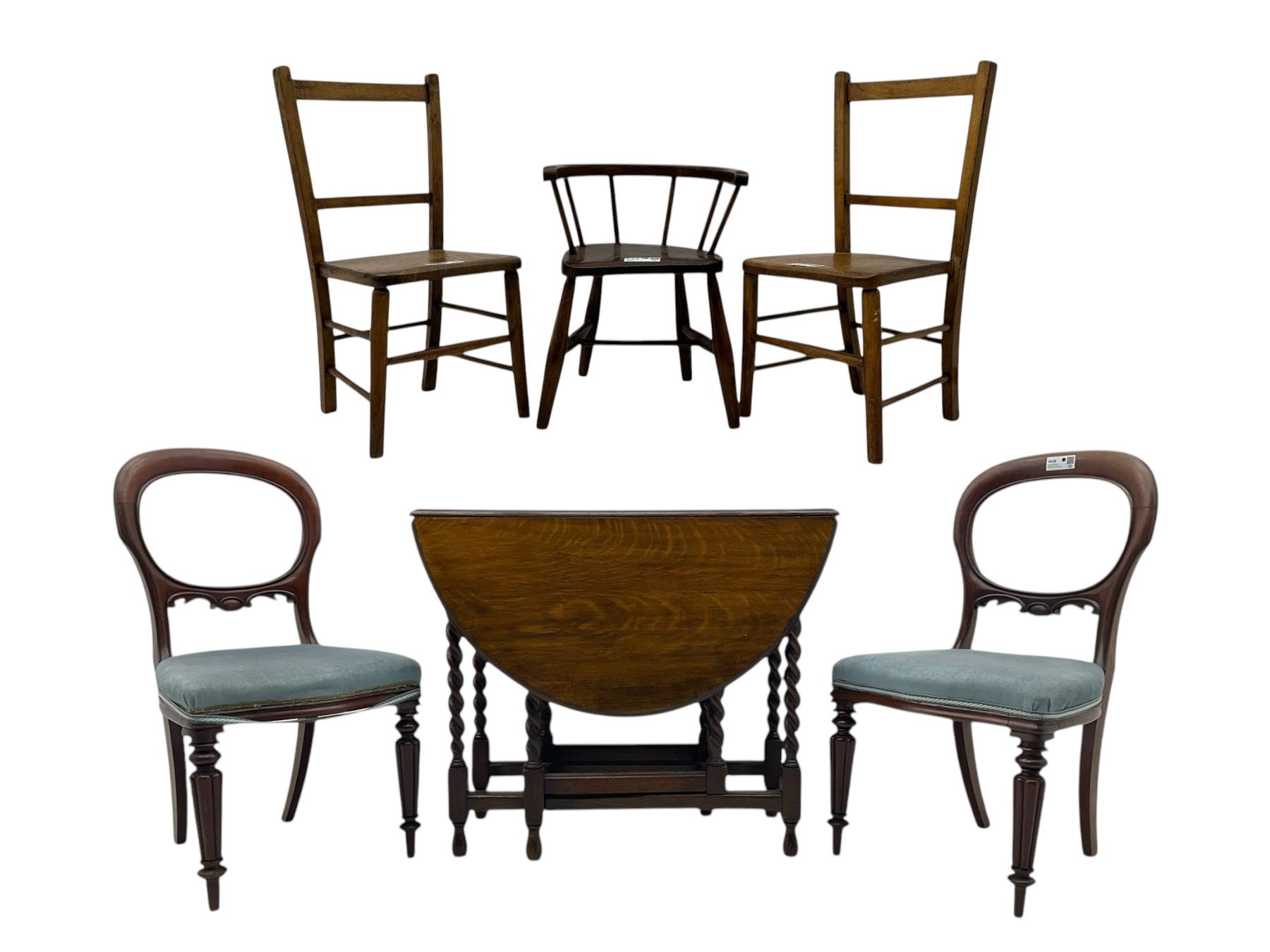Pair of Victorian mahogany balloon back dining chairs (W49cm); 20th century oak drop-leaf dining table (W92cm); three small children's chairs (6)