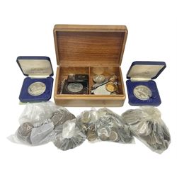 Silver gilt signet ring, three enamel cap badges/brooches and a collection of coins including two pre 1947 silver half crowns