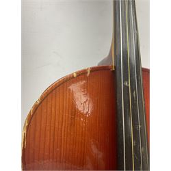 Two student half-size cellos - Boosey & Hawkes Artia with 65cm one-piece back and spruce top; bears maker's label; L104cm overall; and Romanian with 65.5cm two-piece maple back and ribs and spruce top; bears label; L108.5cm overall; each in soft carrying case with two bows (2)