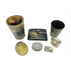 Two horn drinking cups, a French silver plated miniature souvenir book, Victorian brass snuff box dated 1869 and three other vesta/cigarette cases 