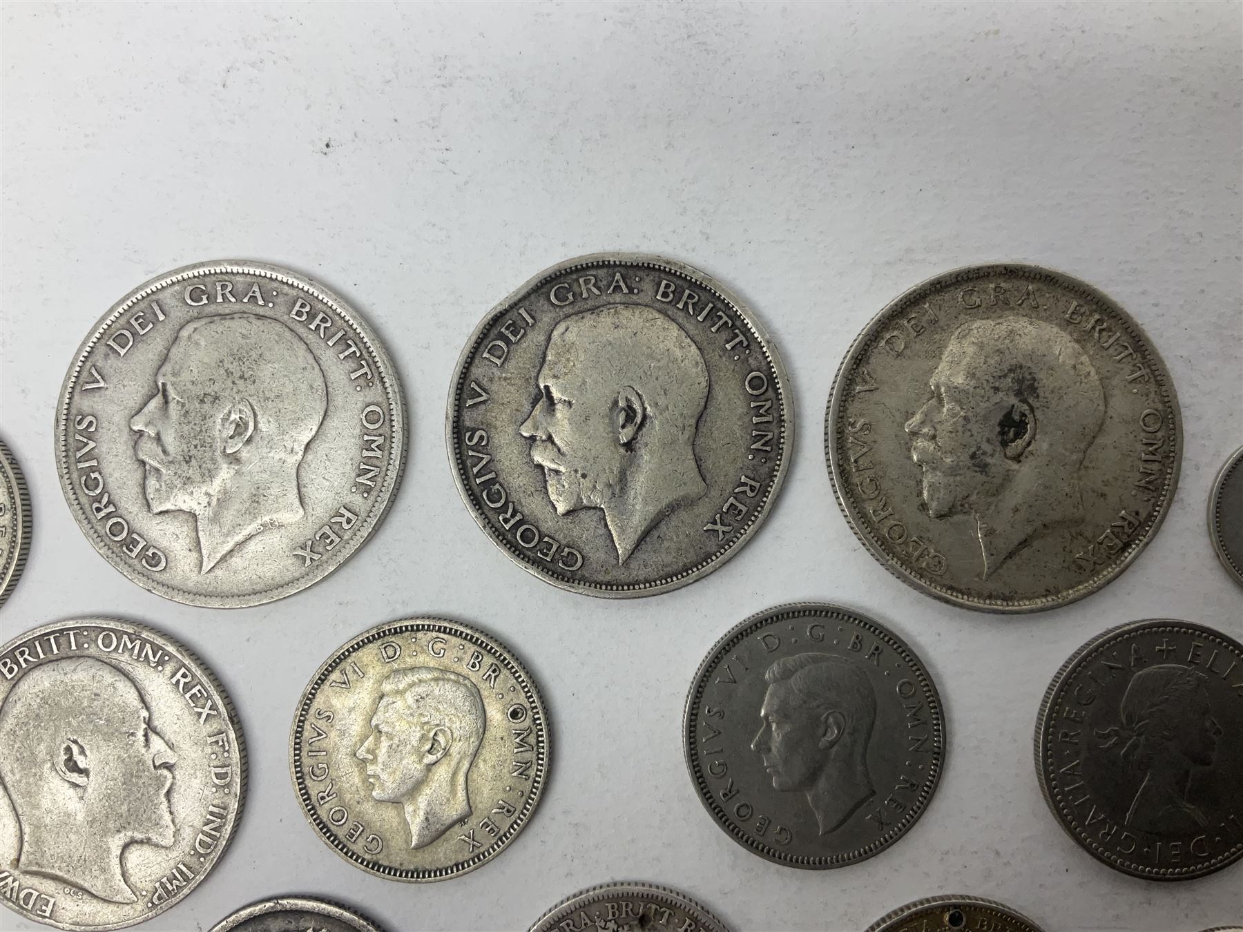 Three King George V silver halfcrown coins dated 1916, 1917, 1919, King Edward VII and Queen Victoria pre 1920 silver coins and other coinage
