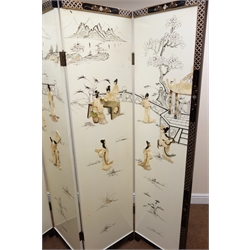  Four fold Chinoiserie style dressing screen depicting oriental village scene and foliage, W183cm, H183cm  