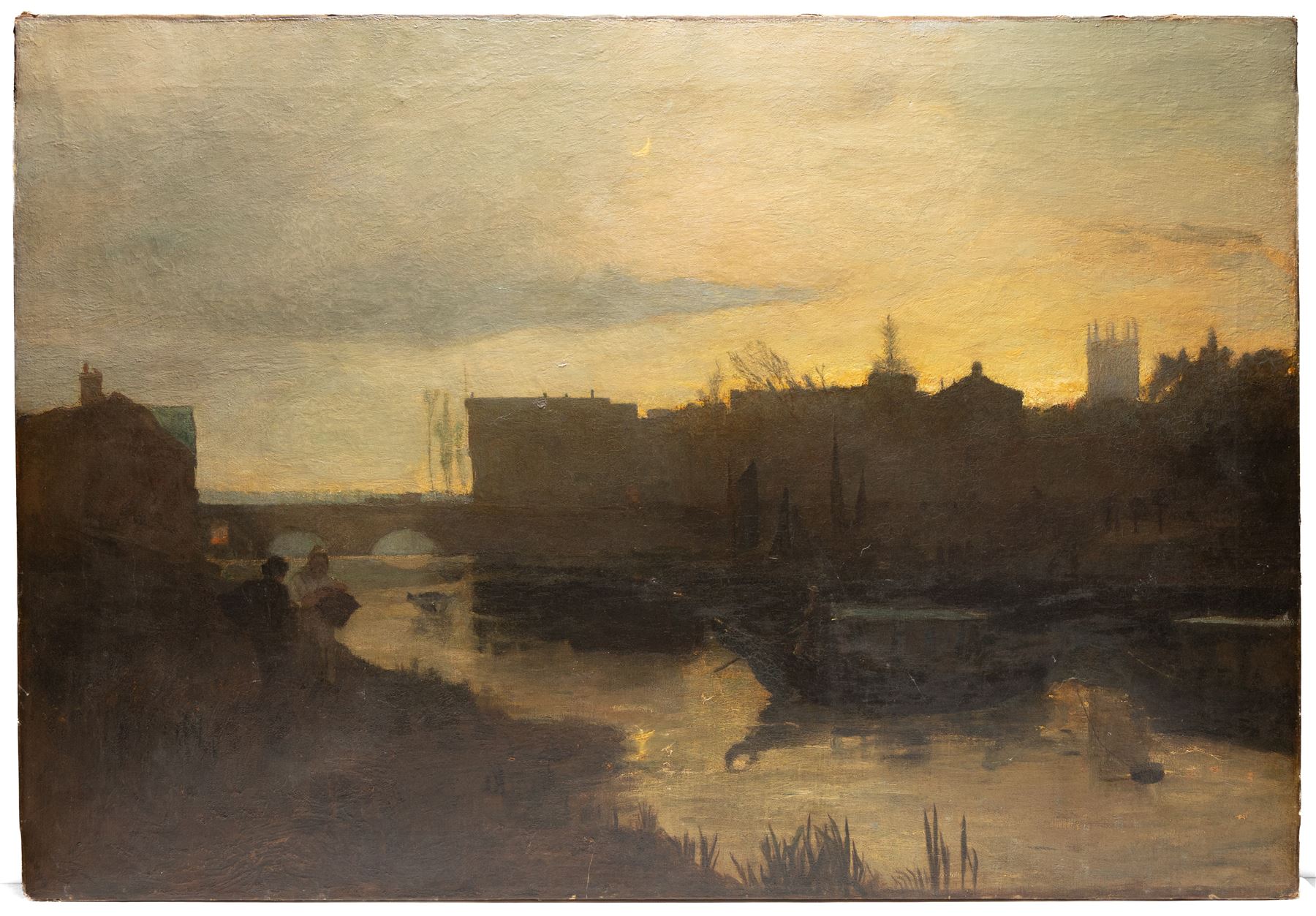 Attrib. John William Buxton Knight (British 1842-1908): 'The Banks and Bridge of the Dee at Chester', oil on canvas, signed titled and dated 1876 verso 91cm x 132cm (unframed)