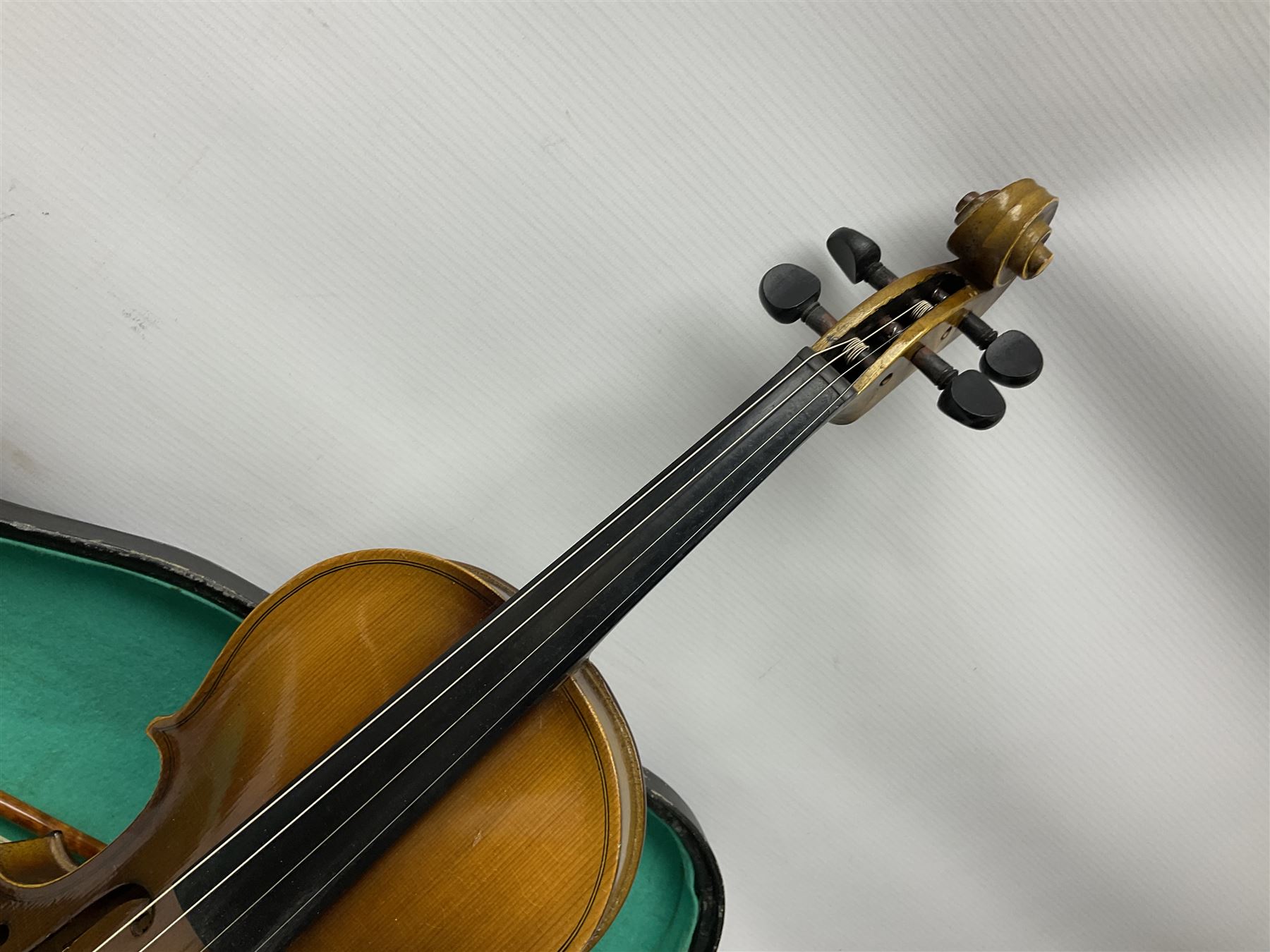 French violin for restoration with 36cm two-piece maple back and ribs and spruce top, bears label 'Lutherie Artistique M. Couturieux'; in wooden case; two modern three-quarter size violins in cases; and five violins for spares or repair