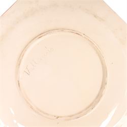 Vallauris French pottery by Patrick Bocca Rossa, jug painted with sun motifs upon a yellow ground, and an octagonal plate with a face to the center, both signed, jug H22cm 