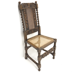 Victorian carved oak hall chair, barley twist sides, cane work back and seat, turned supports with bobbin stretchers, W48cm