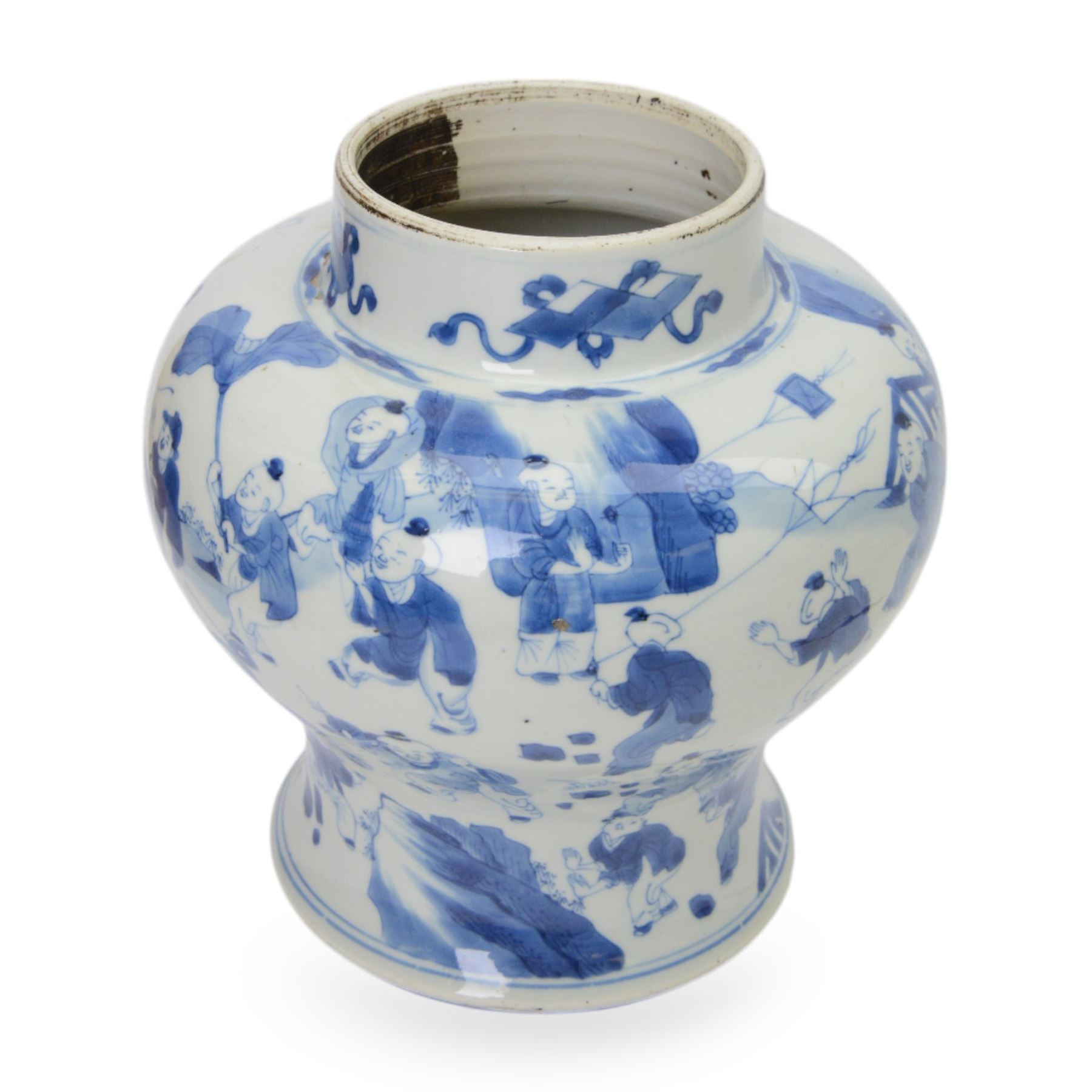 19th century Chinese blue and white jar, of pronounced baluster form, decorated in the Hundred Boys design, with numerous children at play, H23cm

The hundred boys design was a popular theme in Chinese Art employed from the Song period onwards. It expresses the desire to continue the family through male heirs and the performance of filial duties