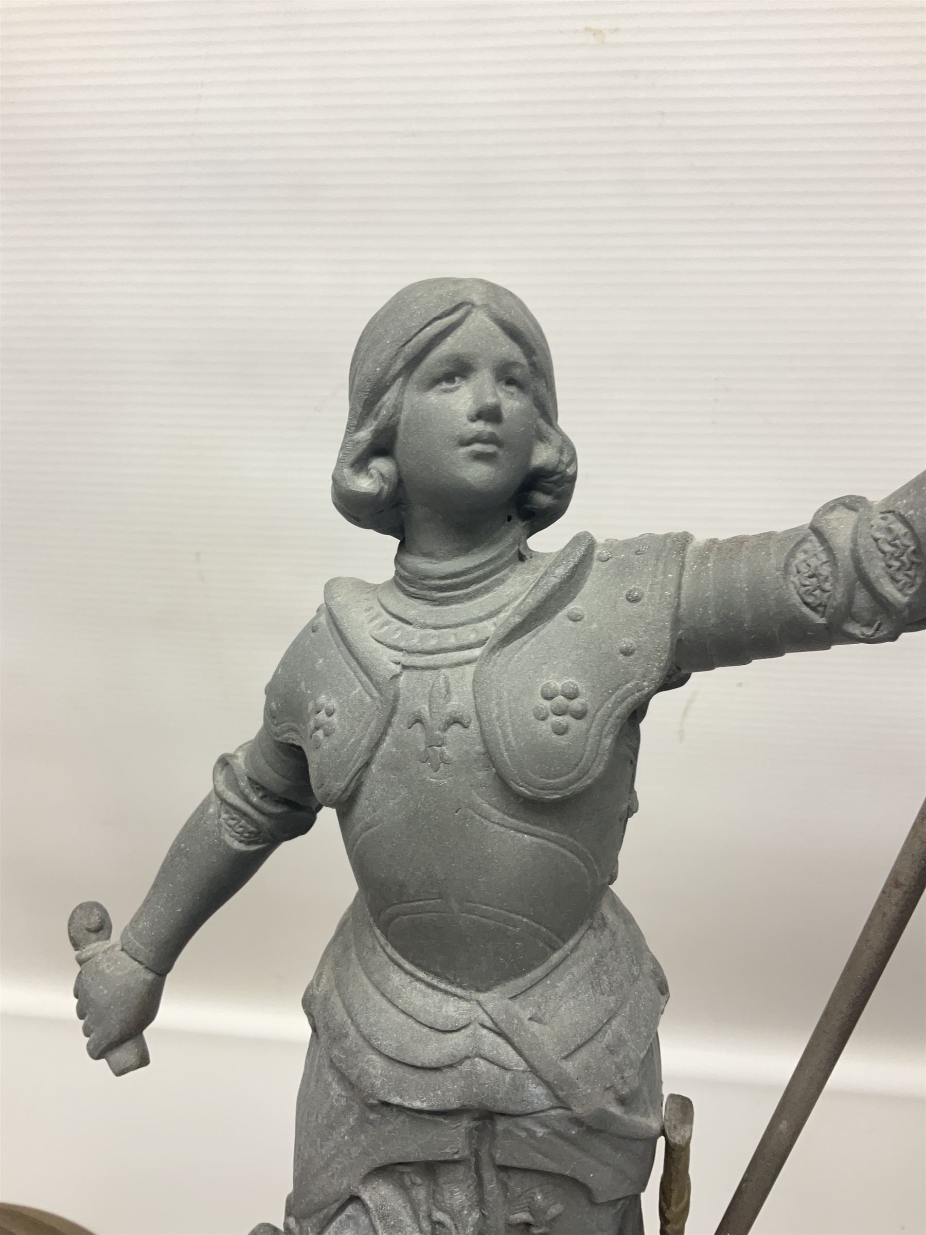 Pair of spelter figures modeled as Cavaliers, together with a spelter figure of Joan of Arc, largest H52cm